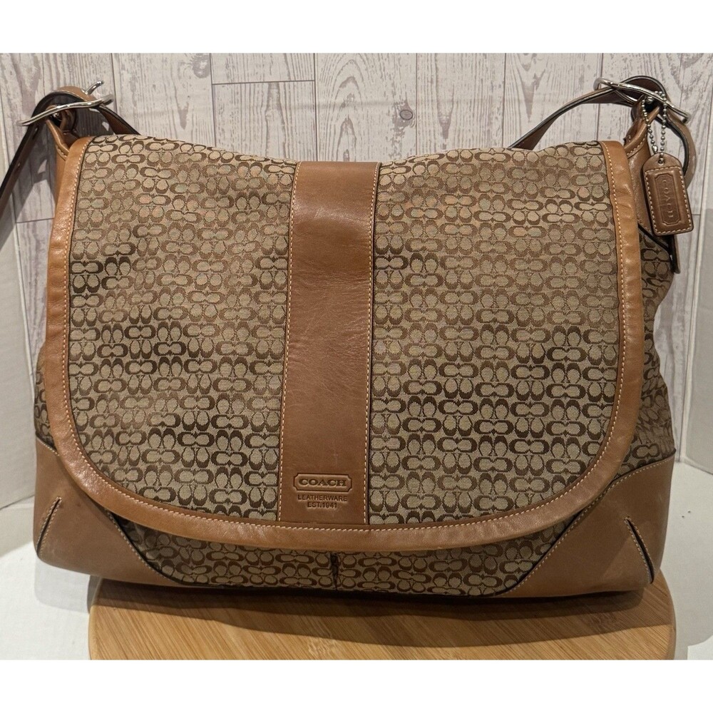 VTG Coach Signature Commuter Messenger Bag Jacquard Leather Brown Tan Crossbody